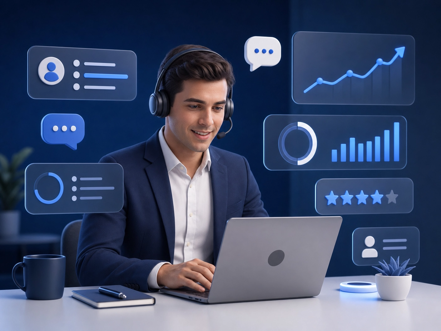 Illustration: Mann mit Headset trainiert am Laptop Verkaufsgespräche auf der Saleski-Plattform